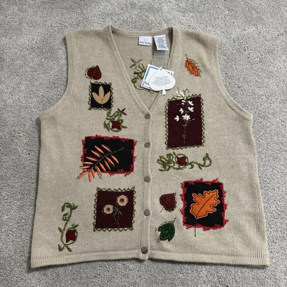 Vintage Bobbie Brooks Cardigan Sweater Womens Sz XL Beige Fall Autumn Leaves NWT